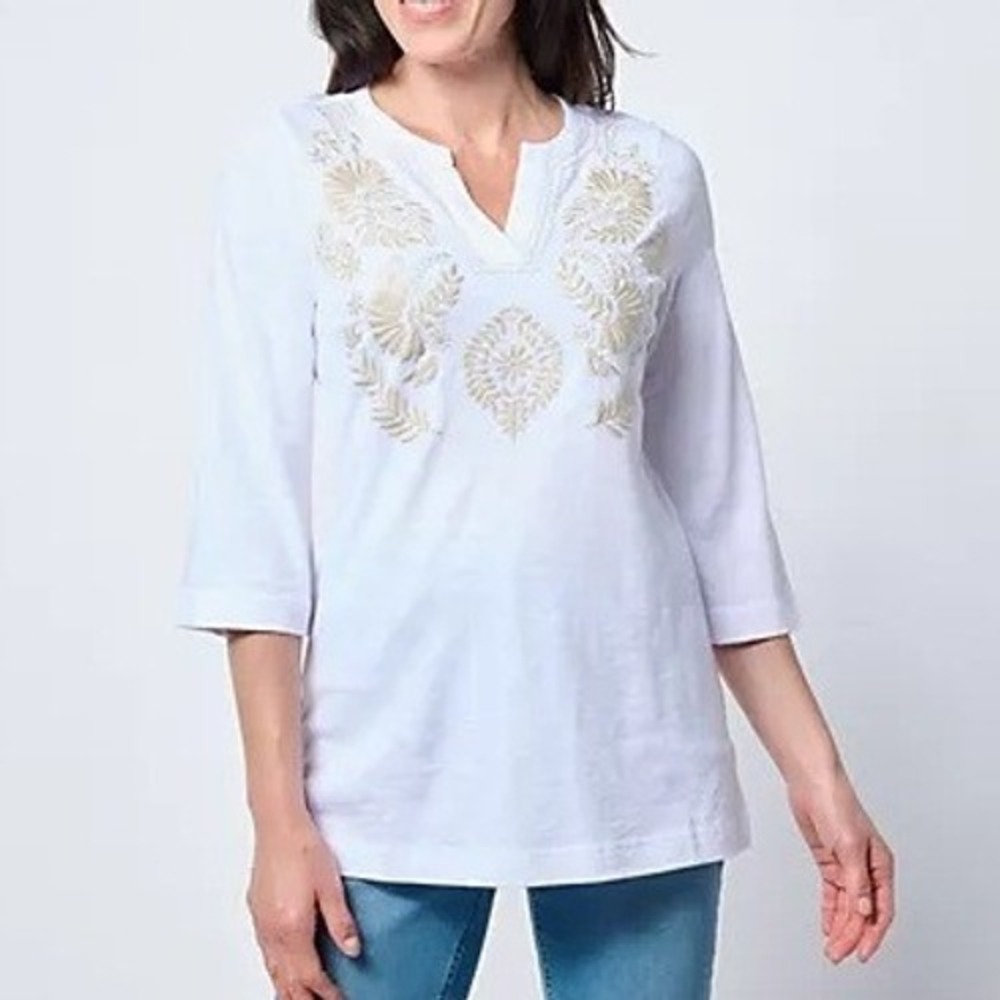 Bellisima by Kim Gravel Small White Slub Knit Artisan Embroidered Top A686353